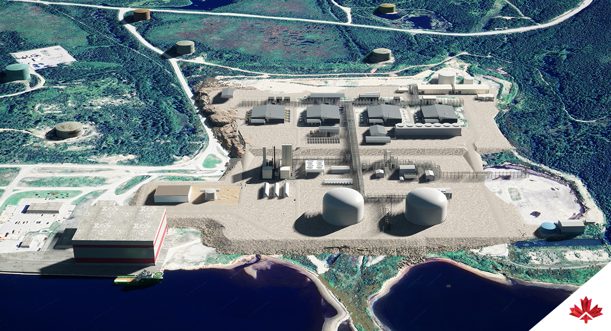Voici une vue à vol d'oiseau de ce à quoi ressemblera l'usine d'hydrogène de World Energy GH2 à Port of Stephenville, à Terre-Neuve-et-Labrador. Elle montre l'usine ainsi que l'eau et la terre environnantes.  