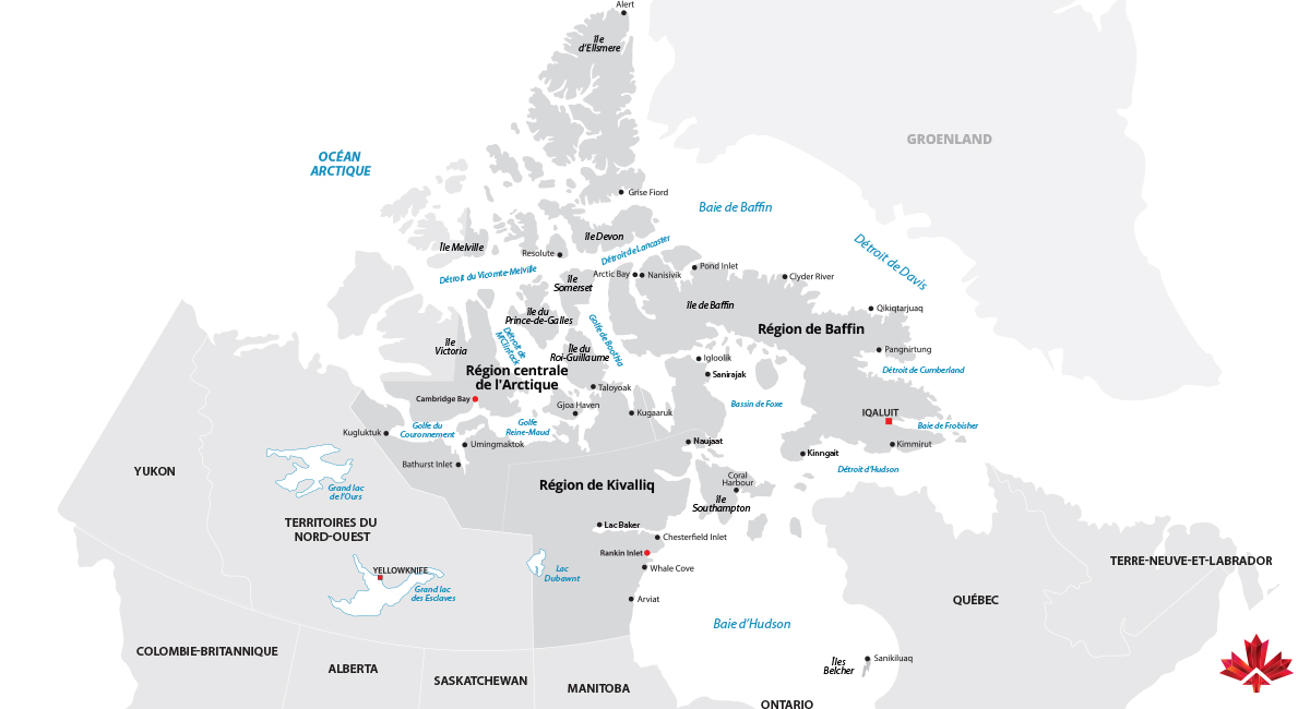 Carte politique détaillée du Canada mettant en évidence le Nunavut dans l’est de l’Arctique. Le territoire est ombré et étiqueté avec ses trois régions : Qikiqtaaluk (Baffin), Kivalliq (Keewatin) et Kitikmeot (Arctique central). Les éléments géographiques environnants, tels que la baie d’Hudson, la baie de Baffin, le bassin Foxe et l’océan Arctique, sont clairement indiqués, de même que les régions voisines comme le Groenland, le Québec, le Manitoba et les Territoires du NordOuest. Les principales collectivités, dont Iqaluit, Rankin Inlet et Cambridge Bay, sont représentées, soulignant l’immensité du Nunavut et sa situation nordique.