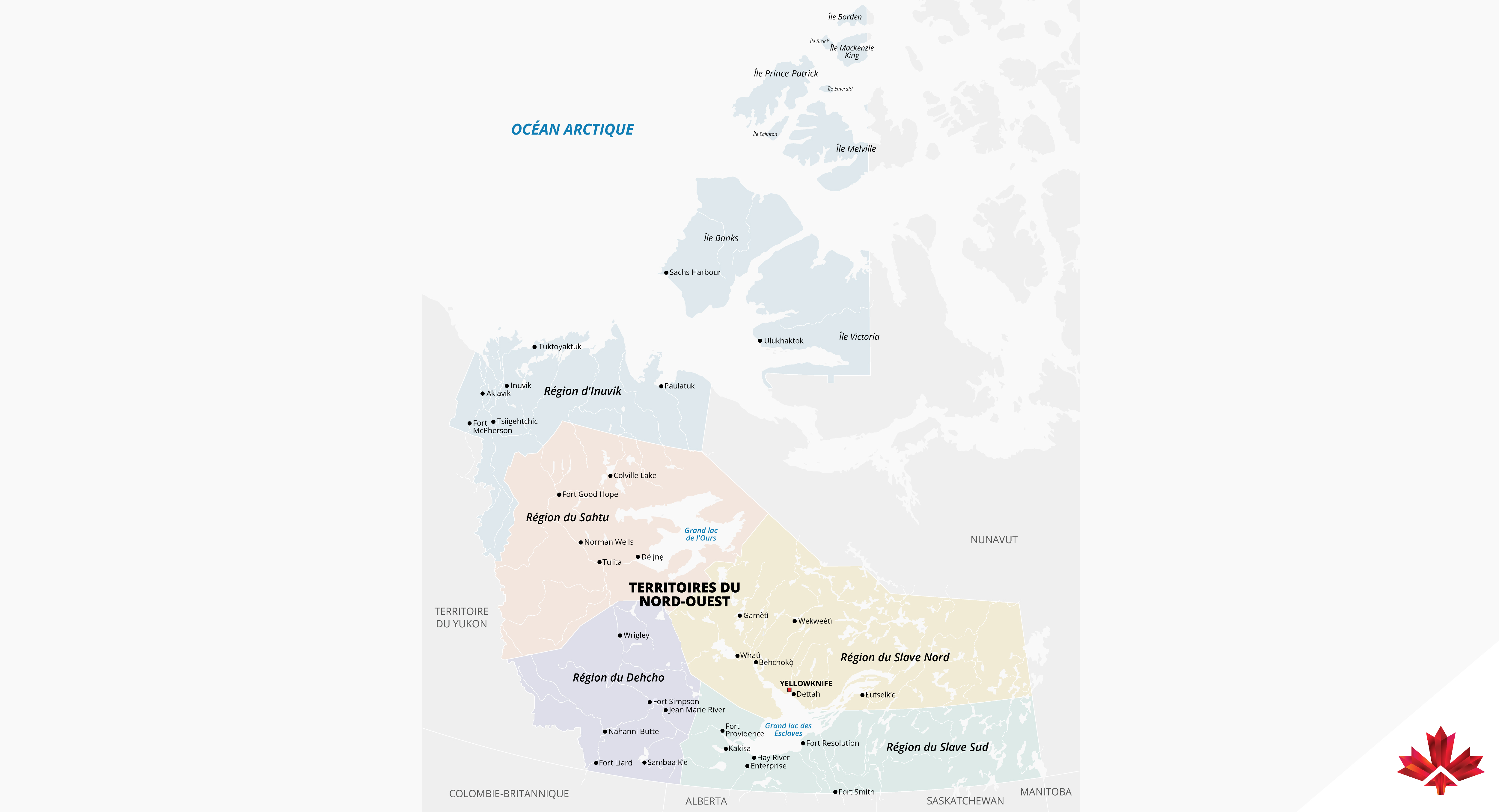 Carte politique des Territoires du Nord-Ouest montrant les limites régionales, les principales collectivités, les lacs et les rivières, ainsi que les territoires environnants. La carte comprend les régions d’Inuvik, du Sahtu, de North Slave, de South Slave et du Dehcho, ainsi que des régions adjacentes comme le Yukon, le Nunavut, l’Alberta et la Colombie-Britannique, illustrant l’échelle du territoire et son emplacement nordique.