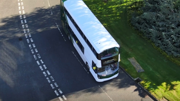 hydrogen fuel cell bus driving on road