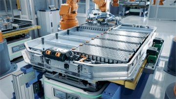 Un bloc‑batterie pour véhicule électrique repose sur une chaîne de production dans une usine moderne, entouré de bras robotiques effectuant l’assemblage automatisé.