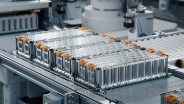 Un module de batterie lithium‑ion haute tension pour véhicule électrique posé sur un convoyeur de ligne de production.