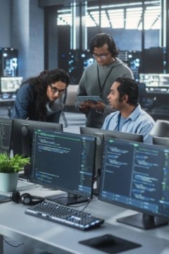 Trois ingénieurs logiciels utilisant un ordinateur et discutant d’un projet dans un espace de travail collaboratif.
