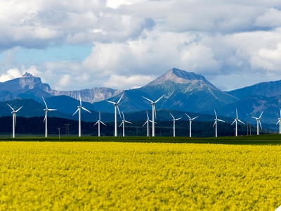 wind turbines in field near mountains